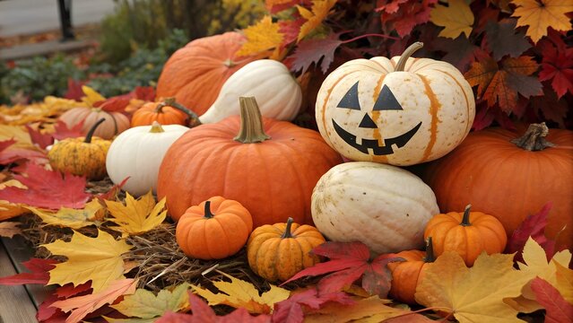 Autumn harvest of pumpkins and gourds with fall leaves