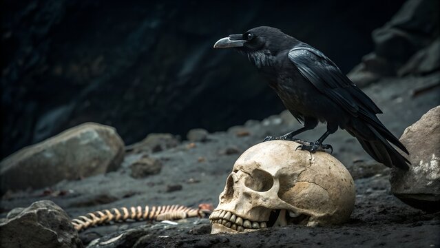 Black Crow Perched on a Human Skull with Visible Spine