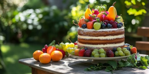 Delicious layered cake topped with fresh fruits. A colorful dessert perfect for any celebration or gathering. Beautifully arranged on a rustic table surrounded by greenery. AI