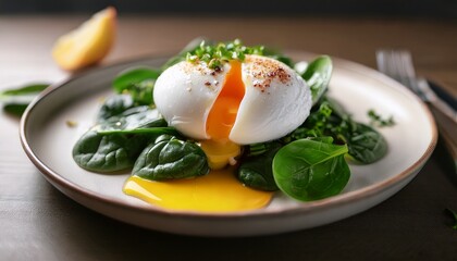 a perfectly poached egg its golden yolk glistening rests on a bed of vibrant green spinach a simple yet elegant breakfast delight with soft lighting