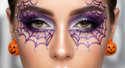 Close up of woman with halloween spiderweb makeup and pumpkin earrings