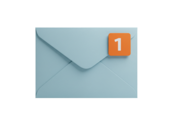 Isolated light blue mail envelope with an orange notification badge showing one message