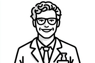 A cheerful doctor is wearing glasses and a white lab coat. He has a confident smile and is holding a bottle in one hand, ready to assist patients. The setting is bright and welcoming.