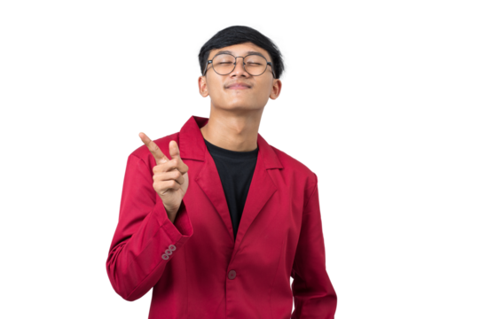 Smiling young college student pointing finger make a choice isolated on white background