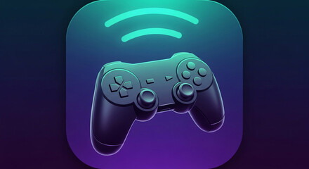 Wireless gaming controller icon with signal waves, set against a gradient background, perfect for illustrating connectivity and modern gaming