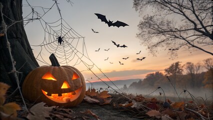 Halloween background with pumpkin and bats and spiders