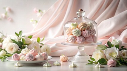 Obraz premium Delicate Pastel Meringues and Roses Create a Romantic and Elegant Tabletop Scene