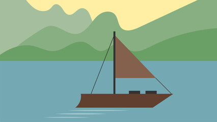 Minimalist Sailing Boat on Lake with Mountain Landscape Vector Illustration