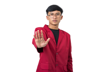 young college student making a stop gesture with hand isolated on white background