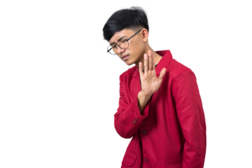 young college student making a stop gesture with hand isolated on white background