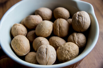 ripe walnuts in a white-cornered bowl.