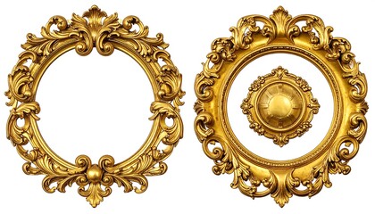 Two ornate, golden-colored, antique decorative frames with intricate carvings, one empty, the other containing a central golden element