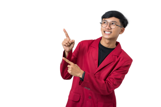 Smiling young college student pointing finger advertise something isolated on white background