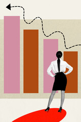 3d sketch exclusive pop trend collage of happy businesswoman stand back chart development arrow progress statistics chance