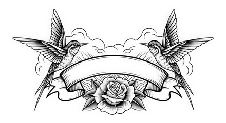 Fototapeta premium Traditional tattoo art of two birds a rose and a banner
