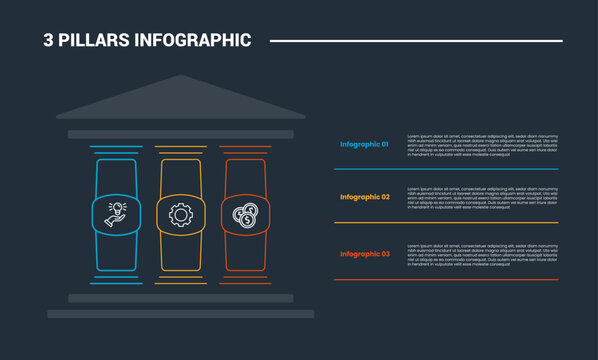 3 pillars infographic process diagram with stacked list information beside with dark background bright outline style 3 points