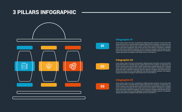 3 pillars infographic process diagram with dome structure with bulky bulge pillar with dark background bright outline style 3 points