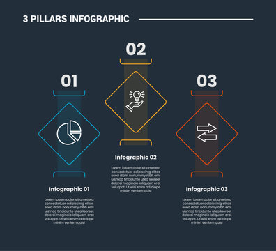 3 pillars infographic process diagram with rhombus shape with transparent color with dark background bright outline style 3 points