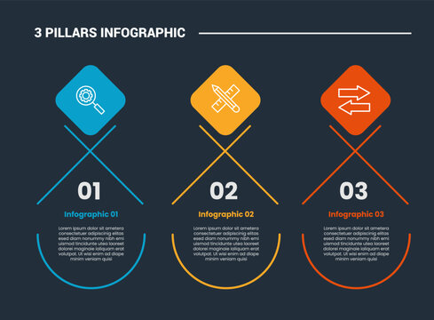 3 pillars infographic process diagram with rhombus top design with round bottom container with dark background bright outline style 3 points