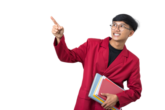 Smiling young college student pointing finger advertise something isolated on white background