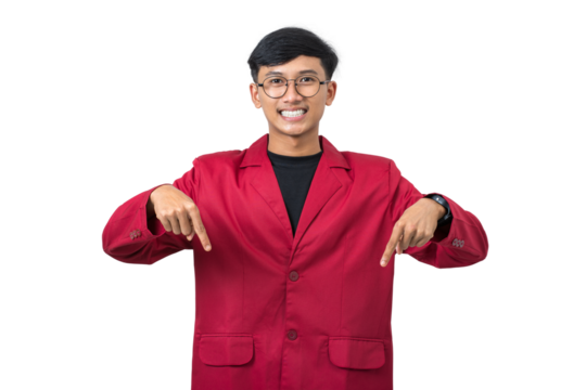 Smiling young college student pointing finger advertise something isolated on white background