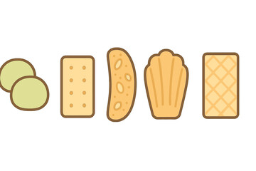 Assorted baked goods arranged in a row including crackers cookies and madeleine