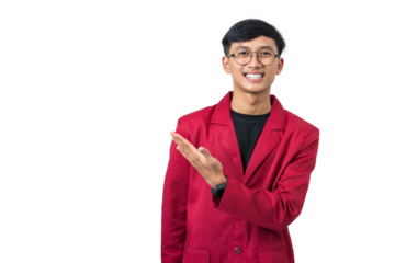 Smiling young college student showing something with hand isolated on white background