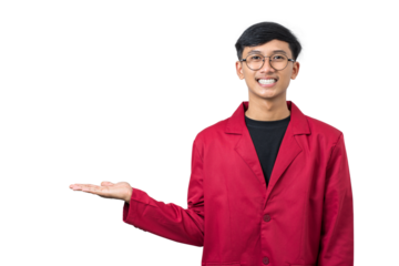 Smiling young college student showing something with hand isolated on white background