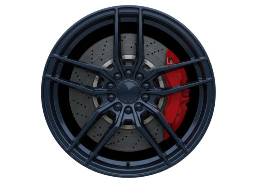 Isolated luxury car wheel with red brake caliper and perforated brake disc, no background