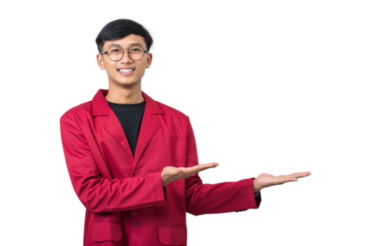 Smiling young college student showing something with hand isolated on white background