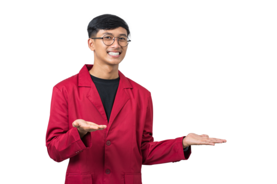 Smiling young college student showing something with hand isolated on white background