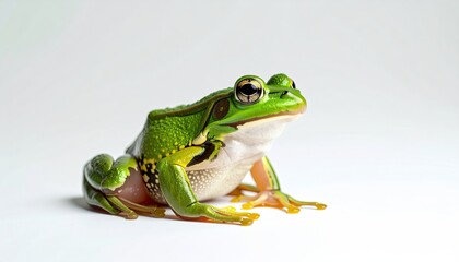 Vibrant Green Frog Sitting on a White Background Close Up with Detailed Skin Texture and Yellow Highlights Capturing the Natural Beauty of Amphibians