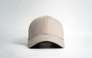 A blank gray baseball cap sits on a clean white background, viewed from a straight-on perspective. This versatile image is perfect for mockups, clothing, or accessory concepts.

