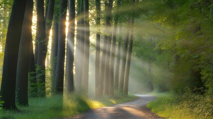 Fototapeta premium A background showing a path in a forest, with sunlight filtering through the trees