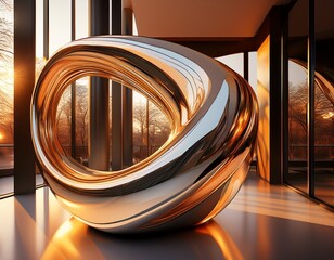 captivating polished chrome sculpture with fluid organic curves reflecting a modern architectural interior with warm ambient light embodying sleek sophistication
