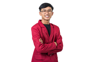 Portrait of smiling young asian college student wearing red almamater isolated on white background