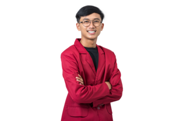 Portrait of smiling young asian college student wearing red almamater isolated on white background