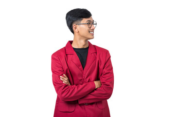 Portrait of smiling young asian college student wearing red almamater isolated on white background