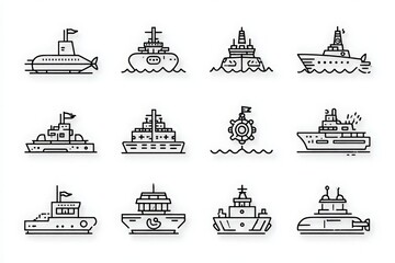 Obraz premium This collection features different types of ships and submarines, illustrated in a minimalistic line art style. Each vessel showcases unique designs and purposes, appealing to maritime enthusiasts.