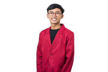 Portrait of smiling young asian college student wearing red almamater isolated on white background