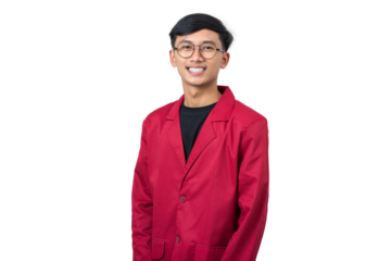 Portrait of smiling young asian college student wearing red almamater isolated on white background