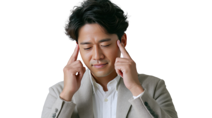 Focused Thinking: A man with fingers on temples, suggesting deep concentration, introspection, or problem-solving, demonstrating mental focus, cognitive activity.