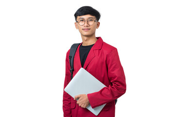 Smiling young college student with books and backpack isolated on white background