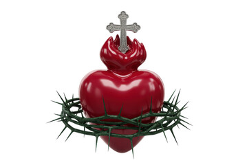 Isolated shiny heart with a silver cross, surrounded by a crown of thorns, no background