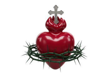 Isolated shiny heart with a silver cross, surrounded by a crown of thorns, no background