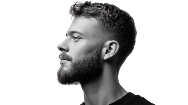 Man's Profile Portrait: A sophisticated headshot in black and white of a man with a stylish haircut and neatly trimmed beard, the focus is on his features and profile. - Powered by Adobe
