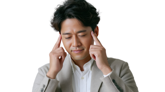 Focused Thinking: A man with fingers on temples, suggesting deep concentration, introspection, or problem-solving, demonstrating mental focus, cognitive activity.