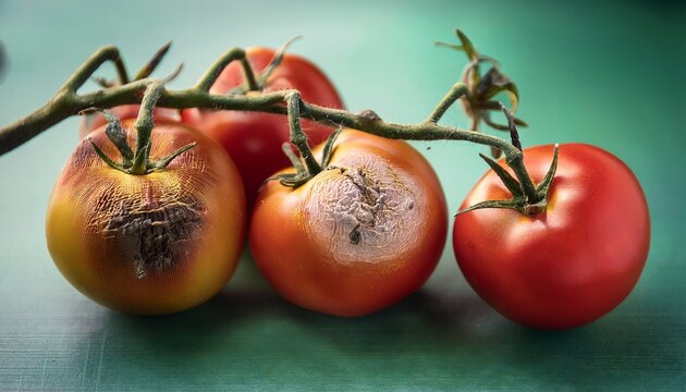 tomatoes in the ripening stage showing signs of late blight caused by phytophthora infestans with selective focus