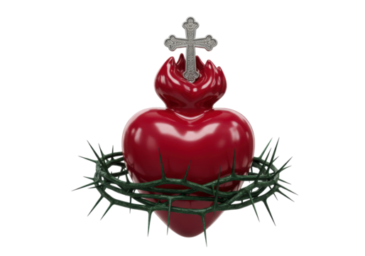Isolated shiny heart with a silver cross, surrounded by a crown of thorns, no background