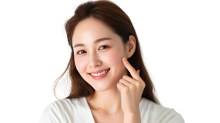 Glowing Skin: A portrait of radiant health and natural beauty, featuring a woman with a perfect complexion and a captivating smile, her touch accentuating the delicate features.